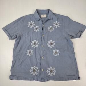 Folk Shirt Mens Large Embroidered Floral Button Up Short Sleeve Linen